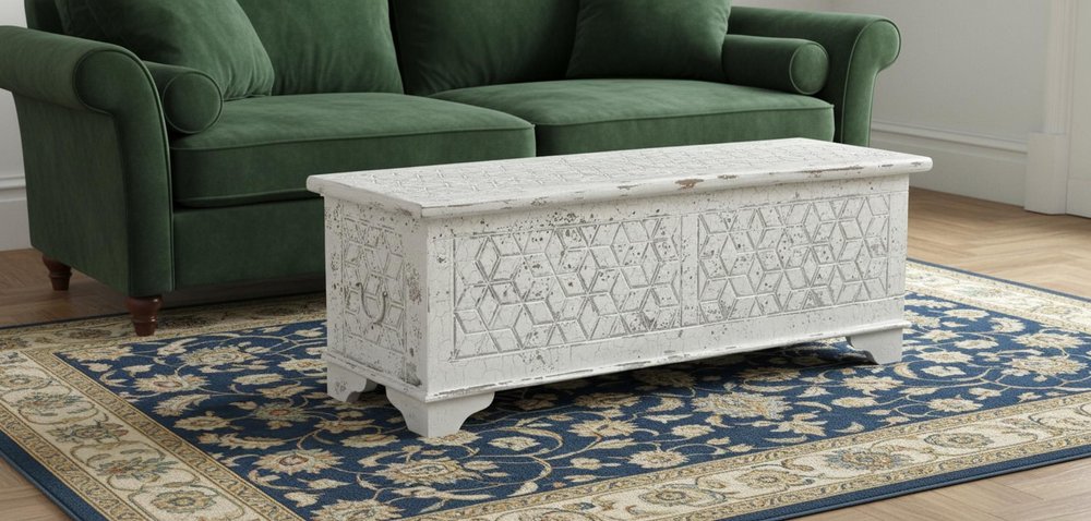 52" White Solid Wood Geometric Ottoman shown outdoors on an outdoor setting with greenery.