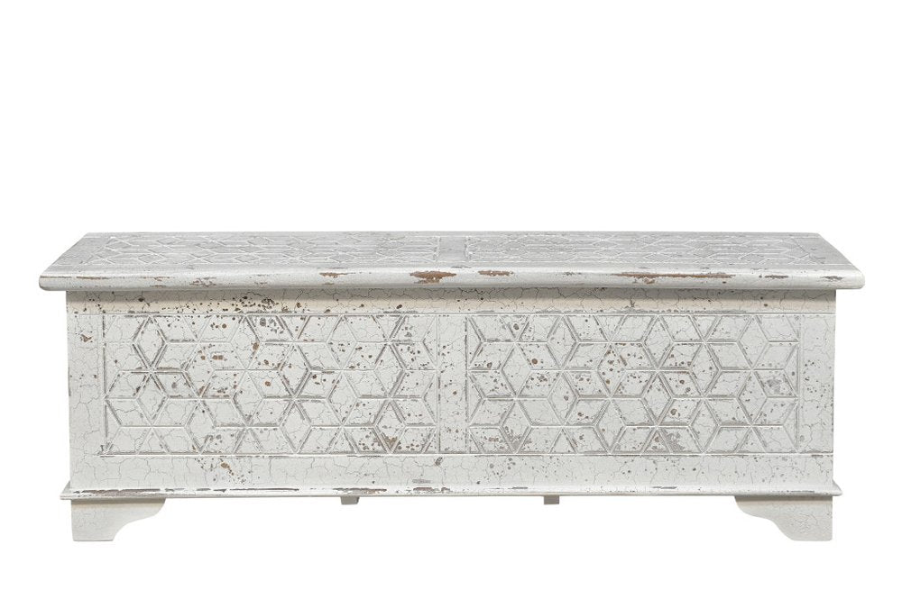 52" White Solid Wood Geometric Ottoman. Ottoman isolated on a plain white background, in a white wood finish.