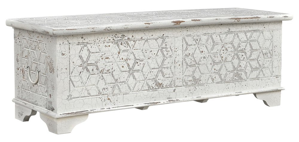 52" White Solid Wood Geometric Ottoman. Ottoman isolated on a plain white background, finished in white wood.