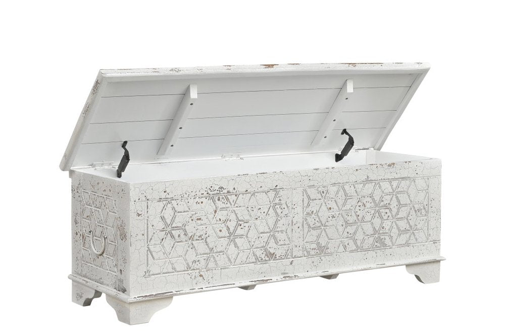 52" White Solid Wood Geometric Ottoman. Ottoman isolated on a plain white background, in a white wood finish.