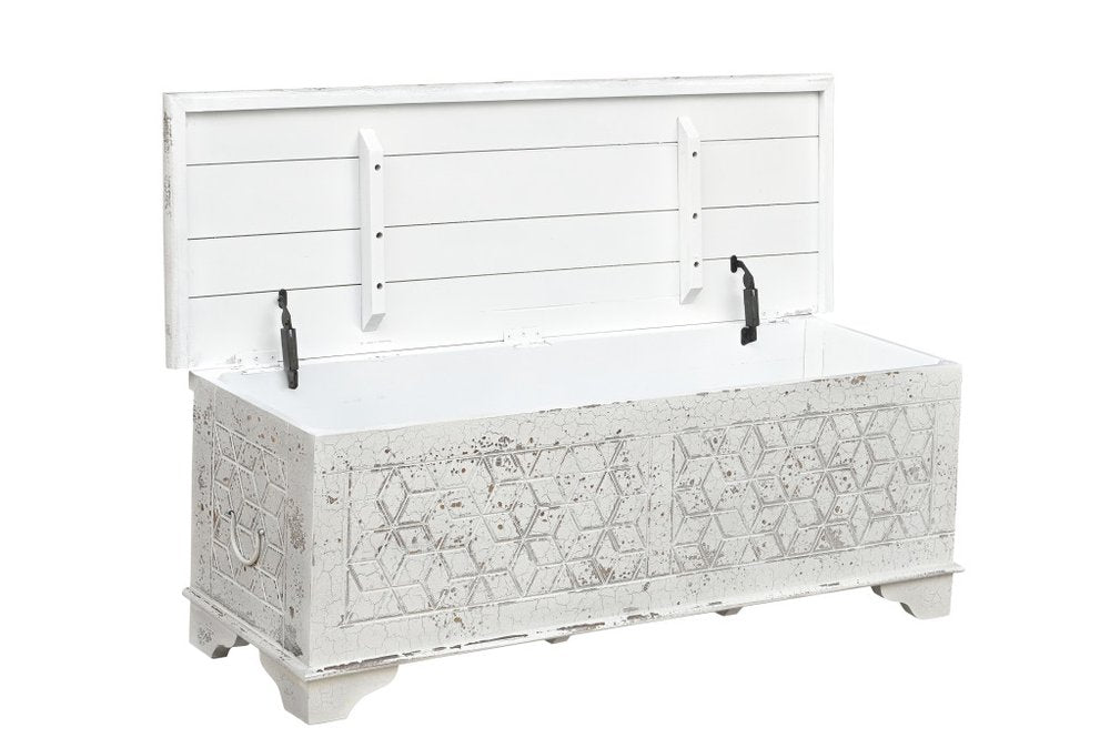52" White Solid Wood Geometric Ottoman. Ottoman isolated on a plain white background, finished in white wood.