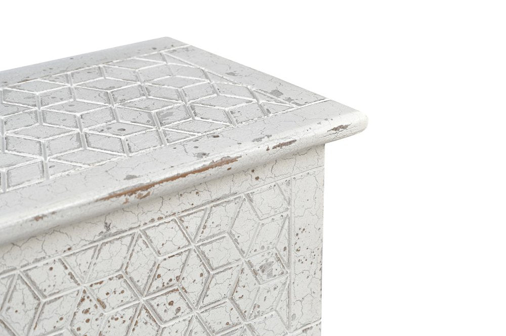 52" White Solid Wood Geometric Ottoman. Ottoman isolated on a plain white background, in a white wood finish.