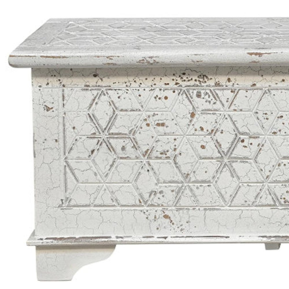 52" White Solid Wood Geometric Ottoman. Ottoman isolated on a plain white background, in a white wood finish.