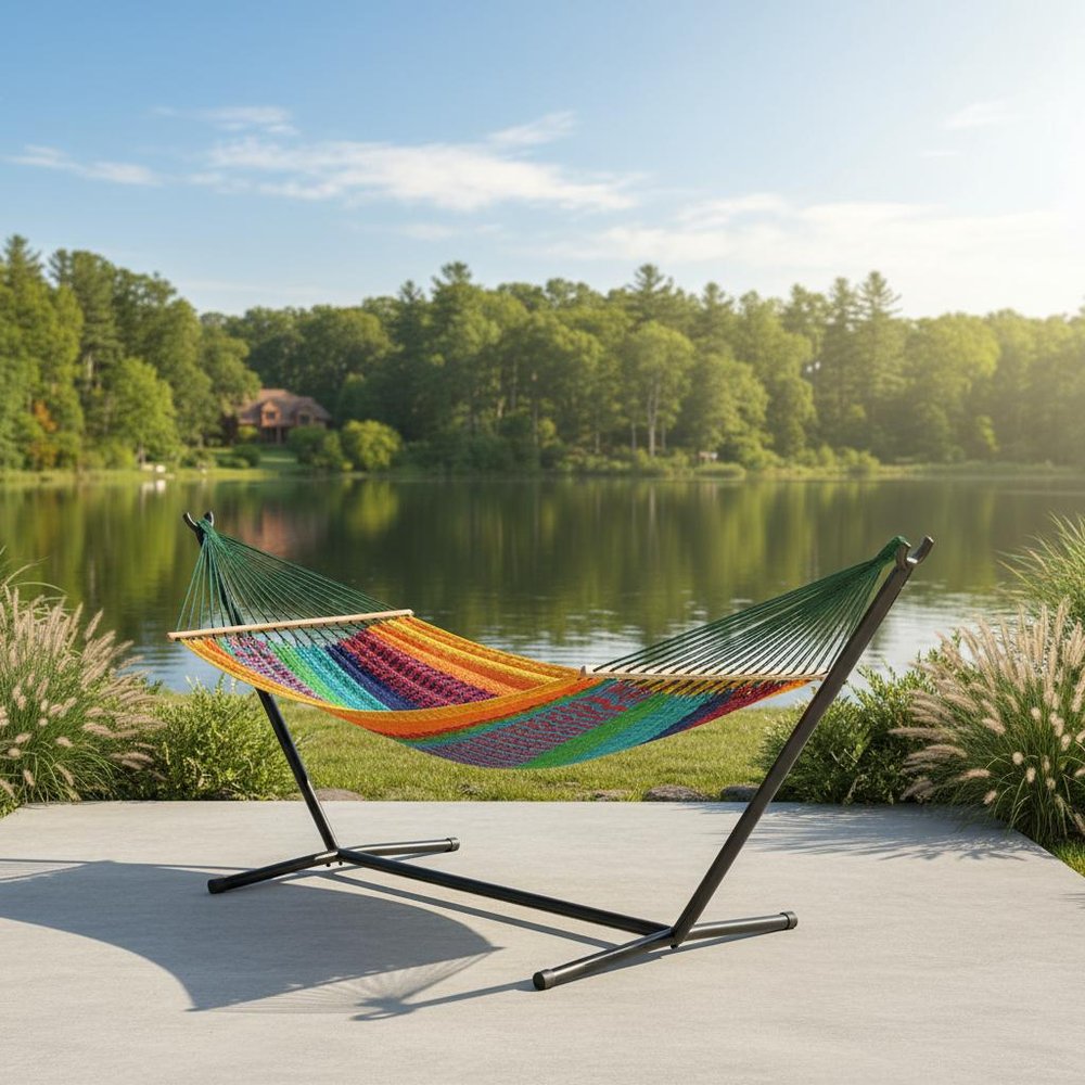 Green Red And Yellow Striped Double Hammock in a home interior
