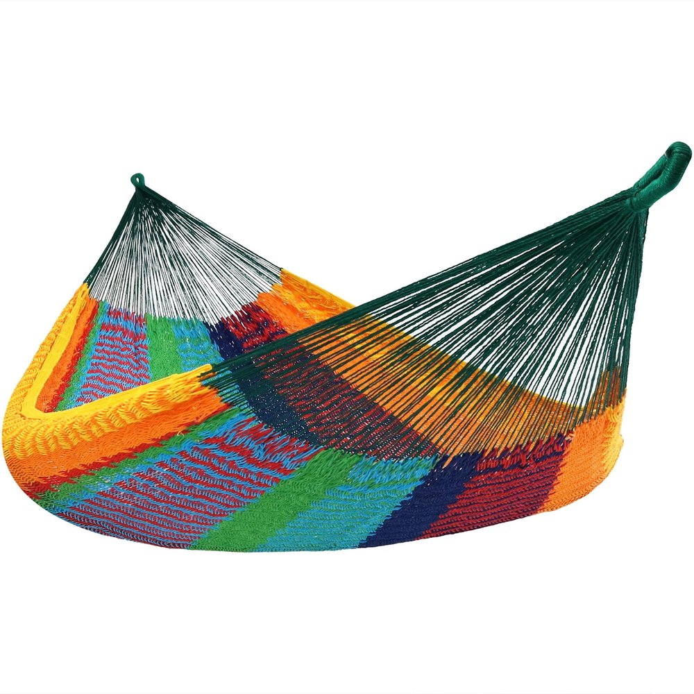 Green Red And Yellow Striped Double Hammock on a white background