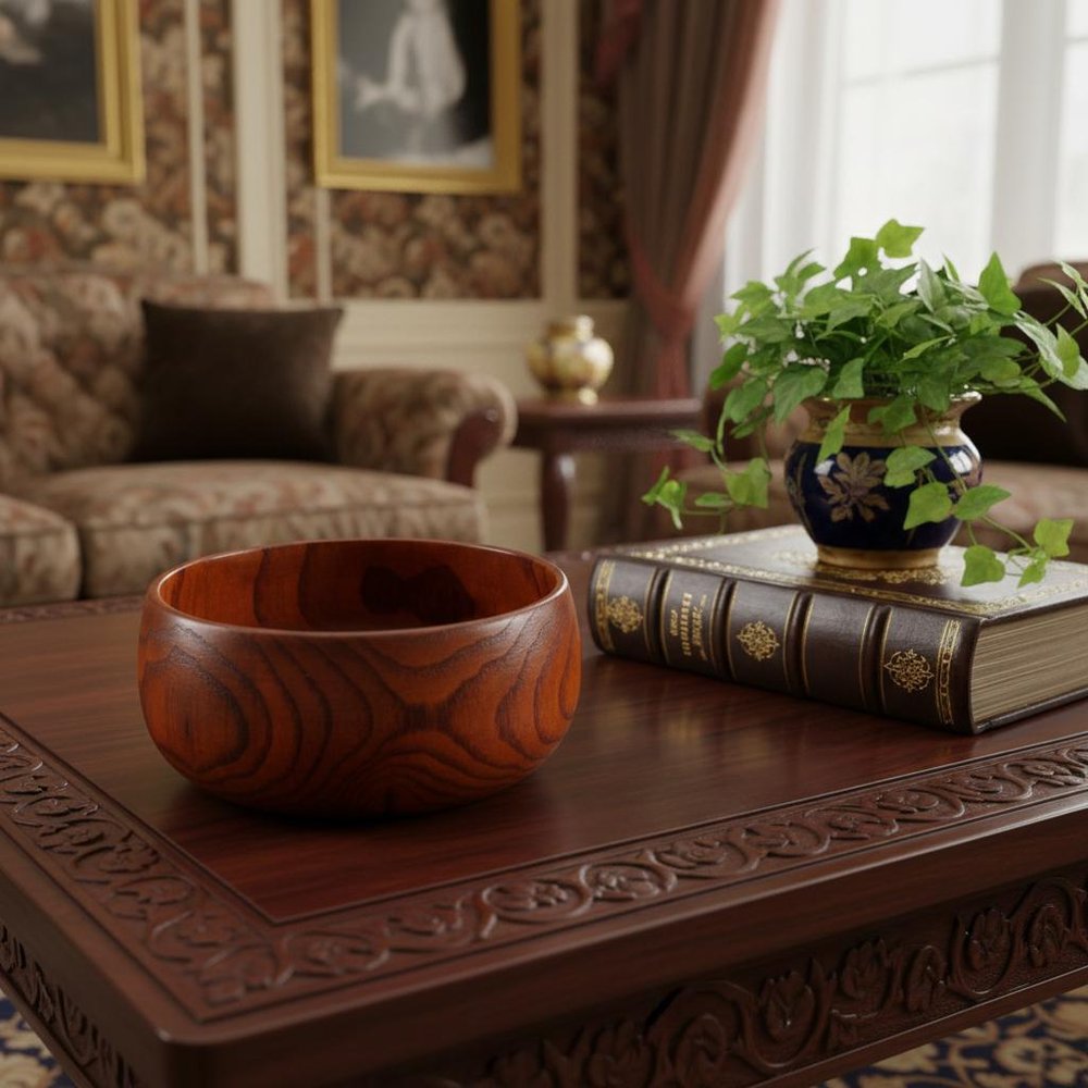 7" Brown Solid Wood Round Serving Bowl in a home interior