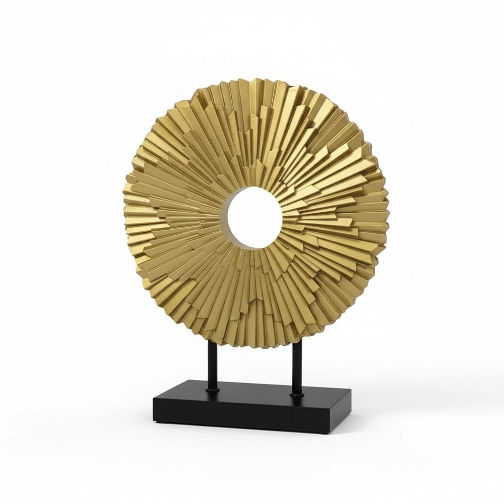12" Gold Resin Sunflower Hand Painted Tabletop Sculpture. Sculpture isolated on a plain white background, in a gold resin finish.