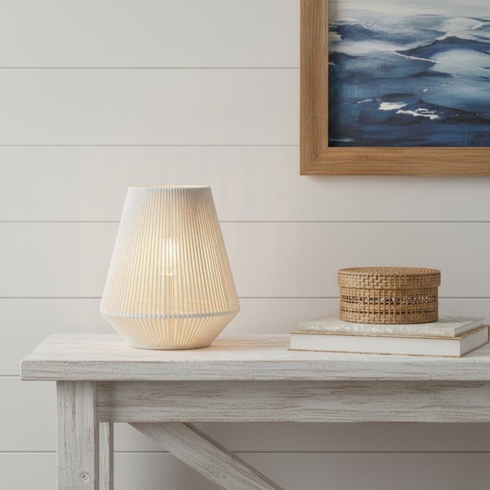 7" Beige Battery Operated Geometric String Shade Desk Lamp in a home interior