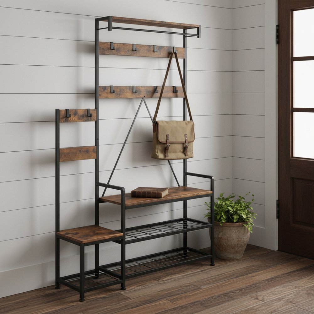 71" Black And Brown Rustic Ten Hook Coat Rack Storage Bench in a home interior