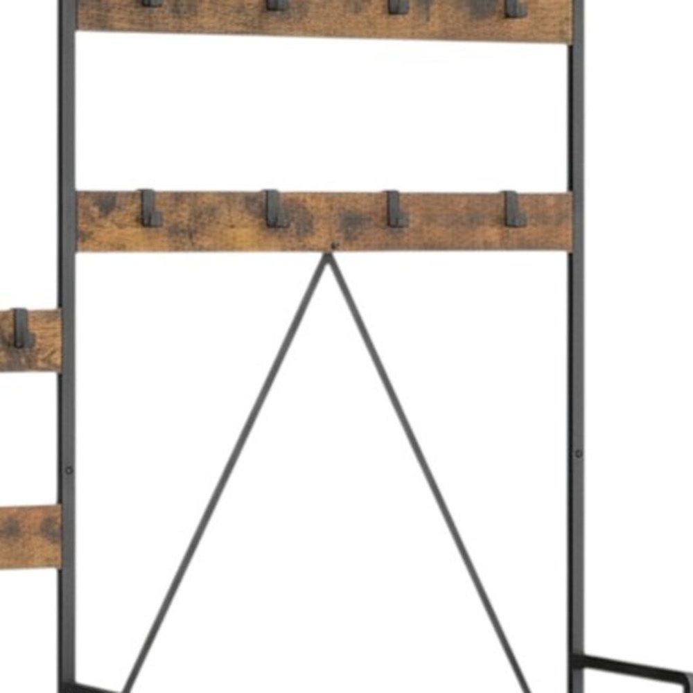 71" Black And Brown Rustic Ten Hook Coat Rack Storage Bench on a white background