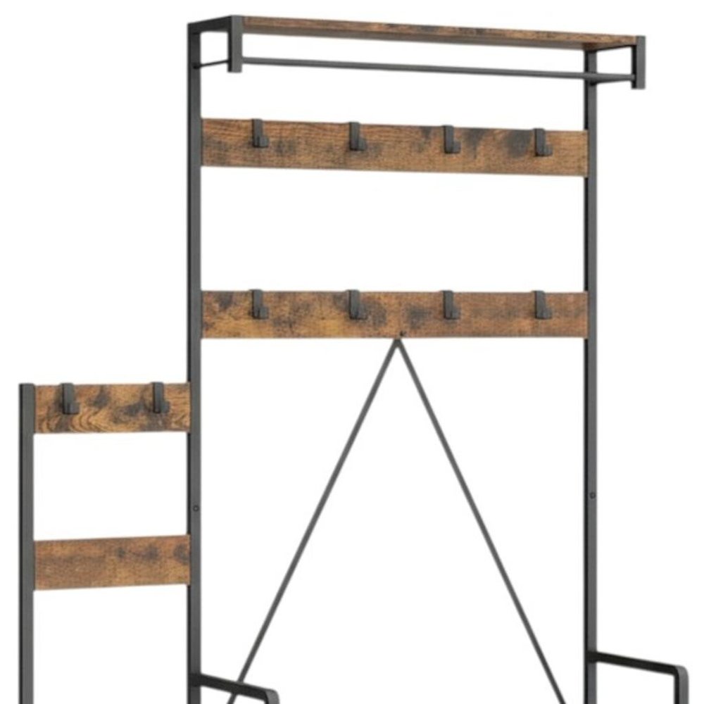 71" Black And Brown Rustic Ten Hook Coat Rack Storage Bench on a white background