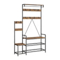 71" Black And Brown Rustic Ten Hook Coat Rack Storage Bench on a white background