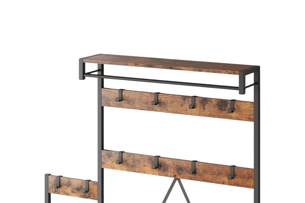 71" Black And Brown Rustic Ten Hook Coat Rack Storage Bench on a white background