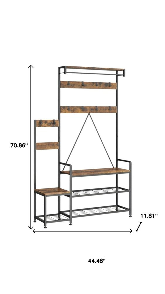 71" Black And Brown Rustic Ten Hook Coat Rack Storage Bench on a white background