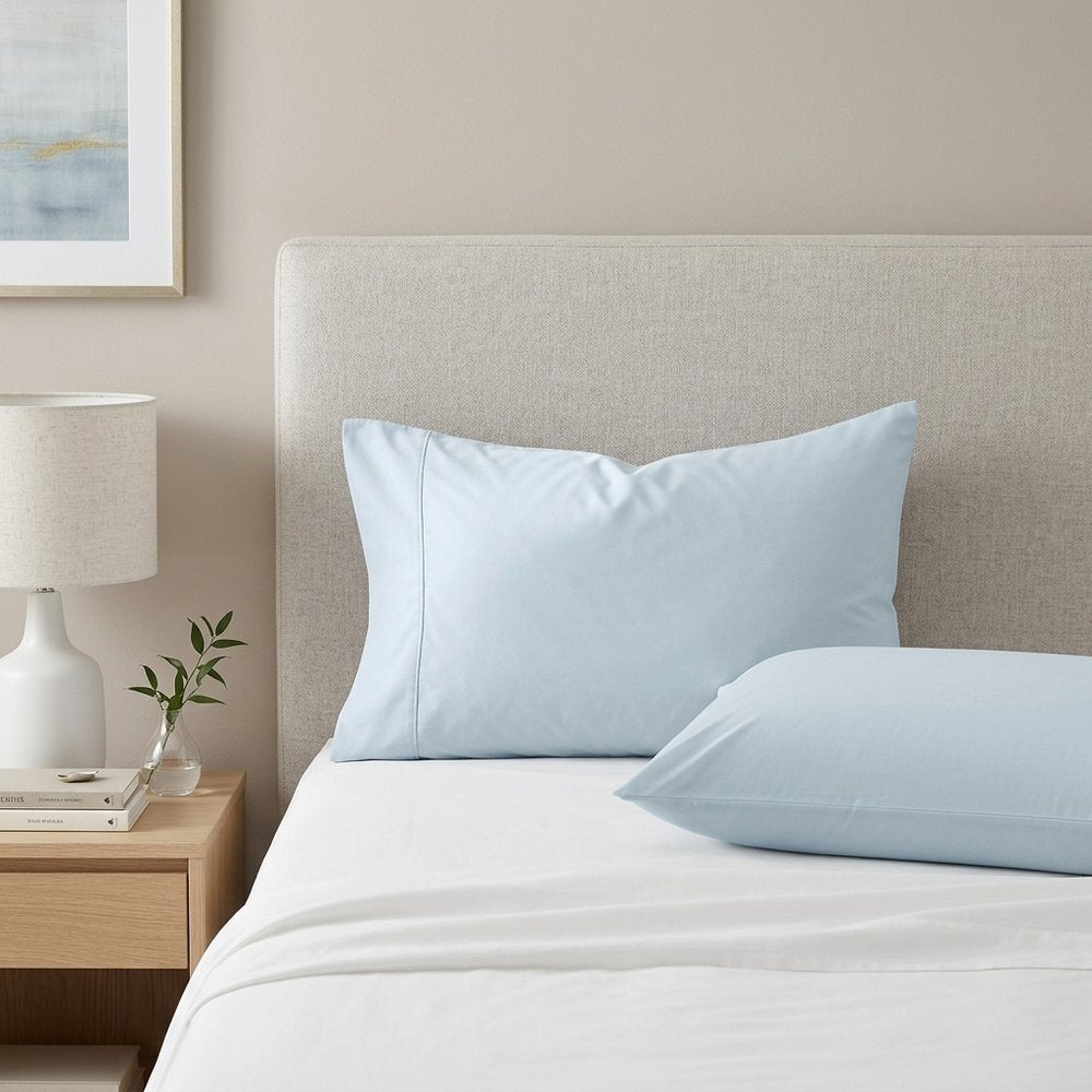 Set of Two Light Blue Cotton Queen Pillowcases