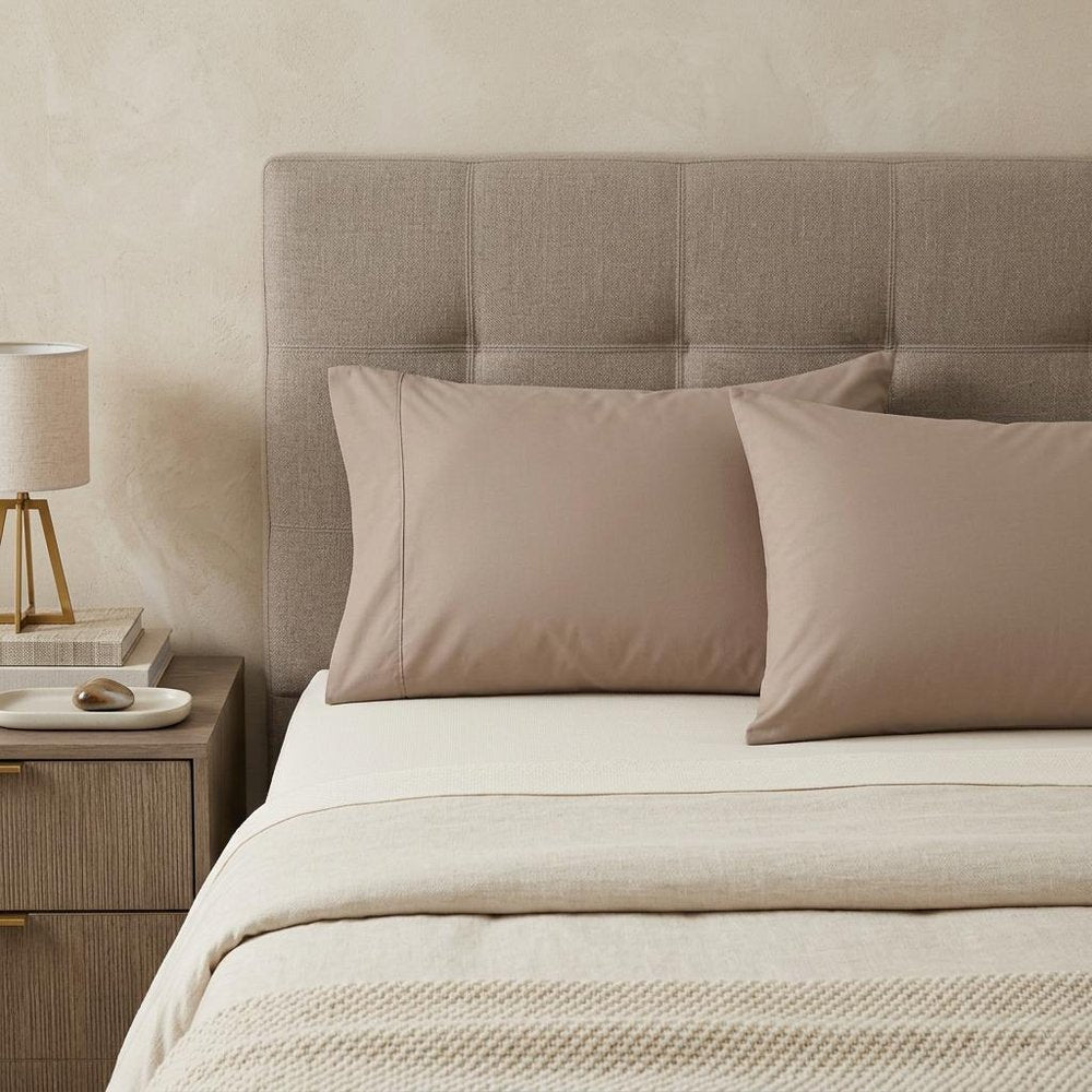 Set of Two Light Brown Cotton Queen Pillowcases