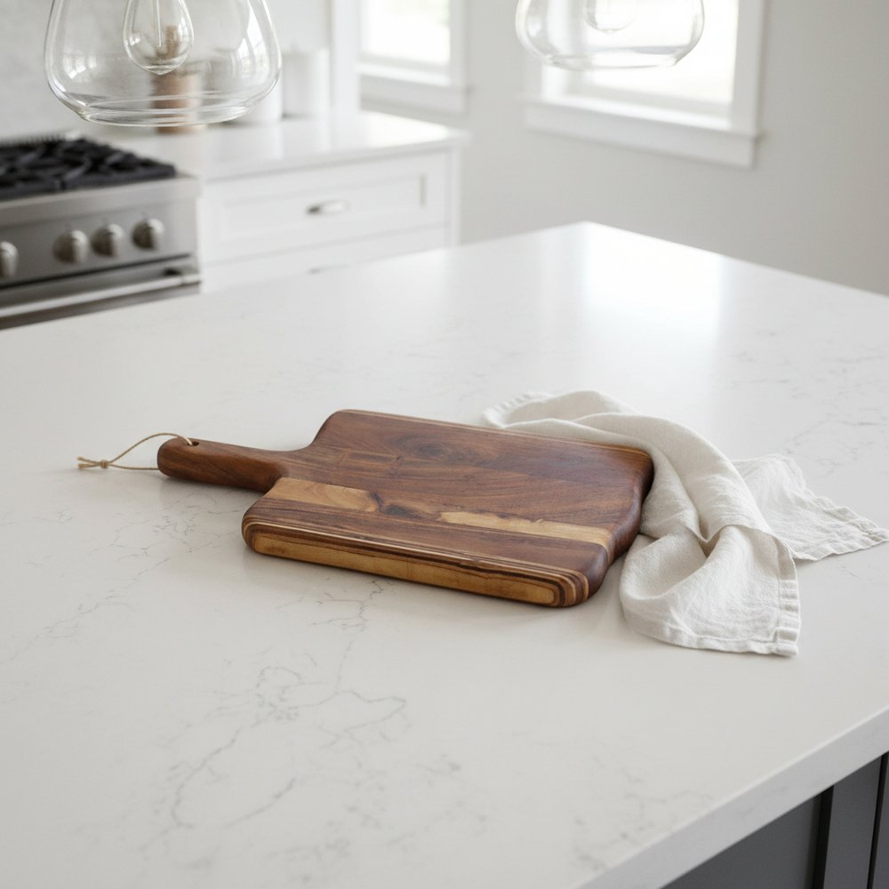 17" Brown Solid Wood Cutting Board styled in a furnished interior with a light gray wall on a tiled floor.