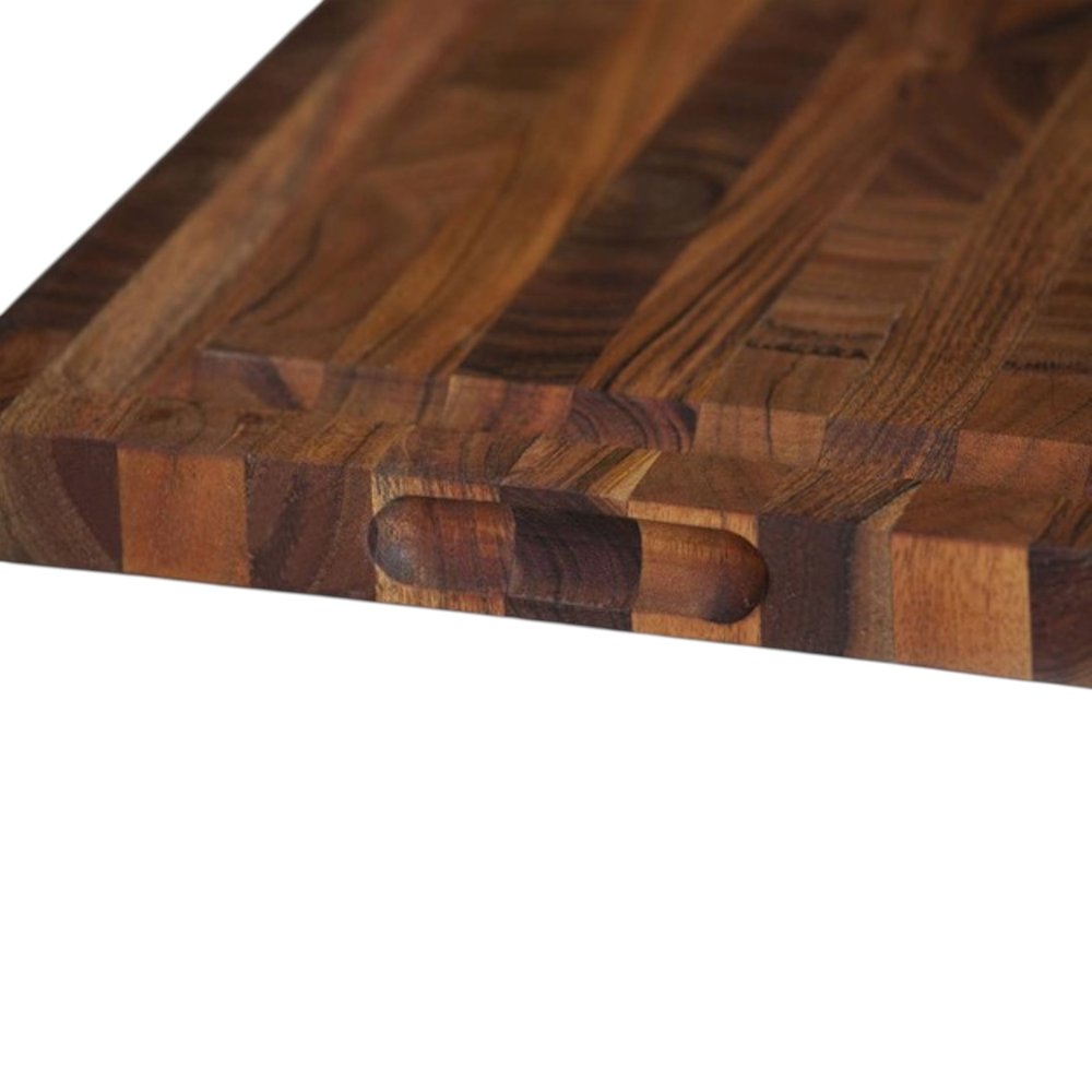 16" Brown Solid Wood Cutting Board With Juice Groove. Kitchen accessory isolated on a plain white background, in a brown wood finish.
