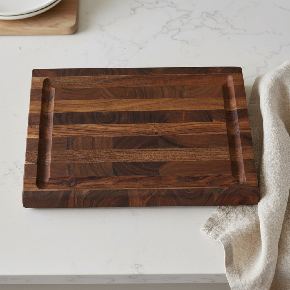 16" Brown Solid Wood Cutting Board With Juice Groove. Kitchen accessory isolated on a plain white background, finished in brown wood.