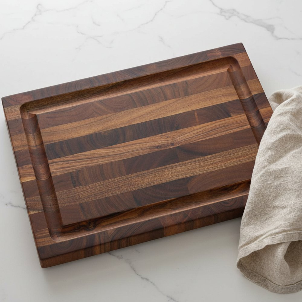 16" Brown Solid Wood Cutting Board With Juice Groove. Kitchen accessory in brown wood.