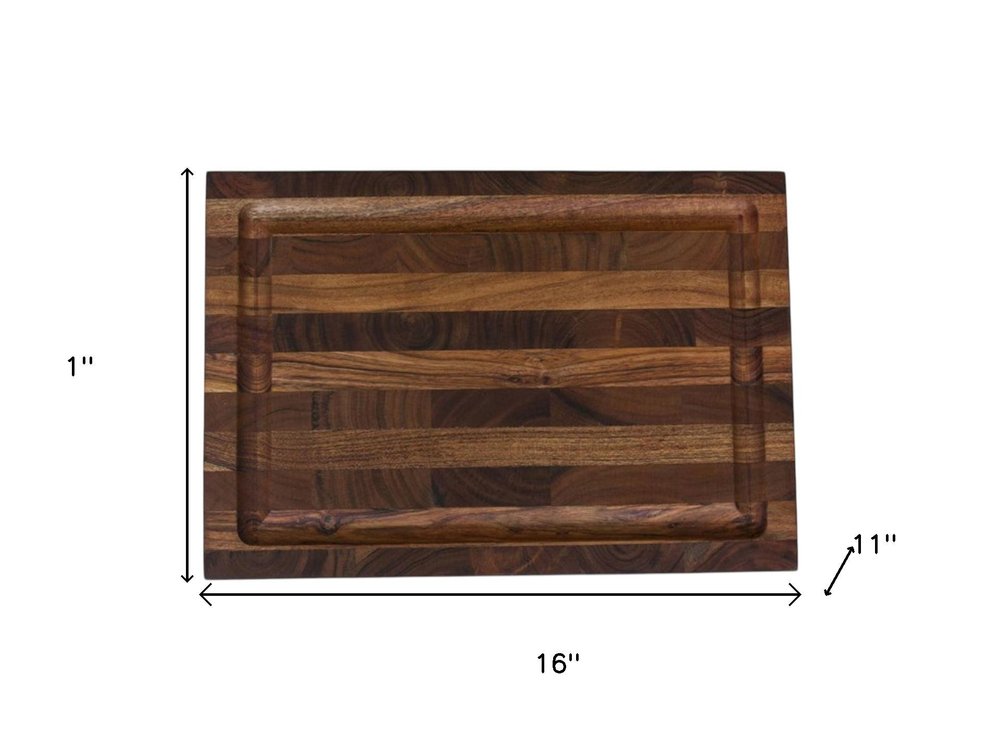 16" Brown Solid Wood Cutting Board With Juice Groove. Kitchen accessory isolated on a plain white background, showing a brown wood surface.