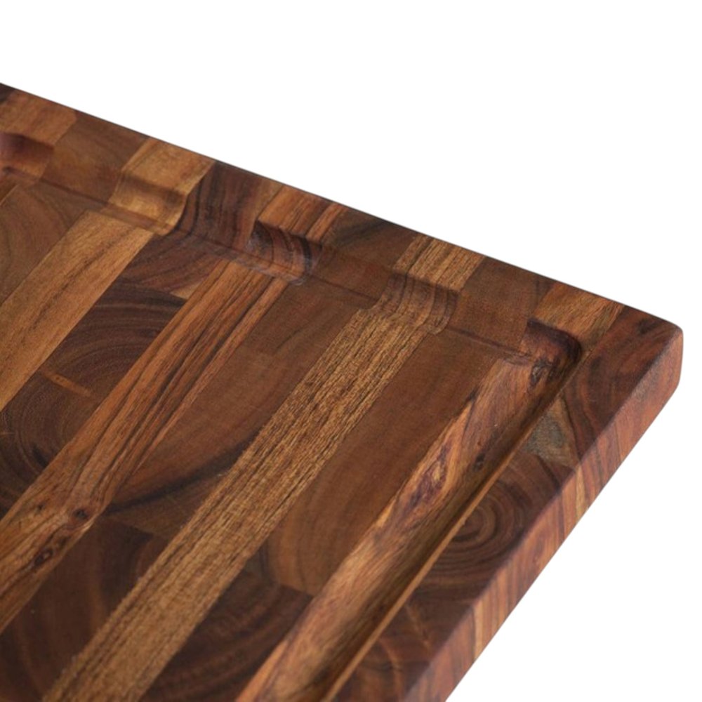 16" Brown Solid Wood Cutting Board With Juice Groove. Kitchen accessory isolated on a plain white background, showing a brown wood surface.