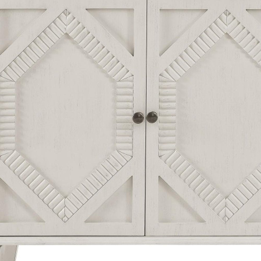 66" White Wood Carved Geometric Accent Cabinet With Four Doors