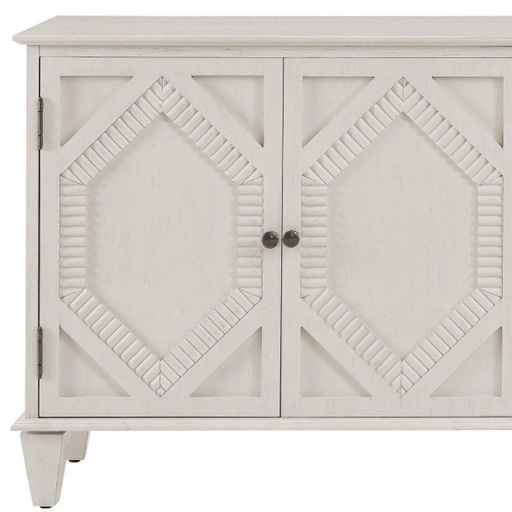 66" White Wood Carved Geometric Accent Cabinet With Four Doors