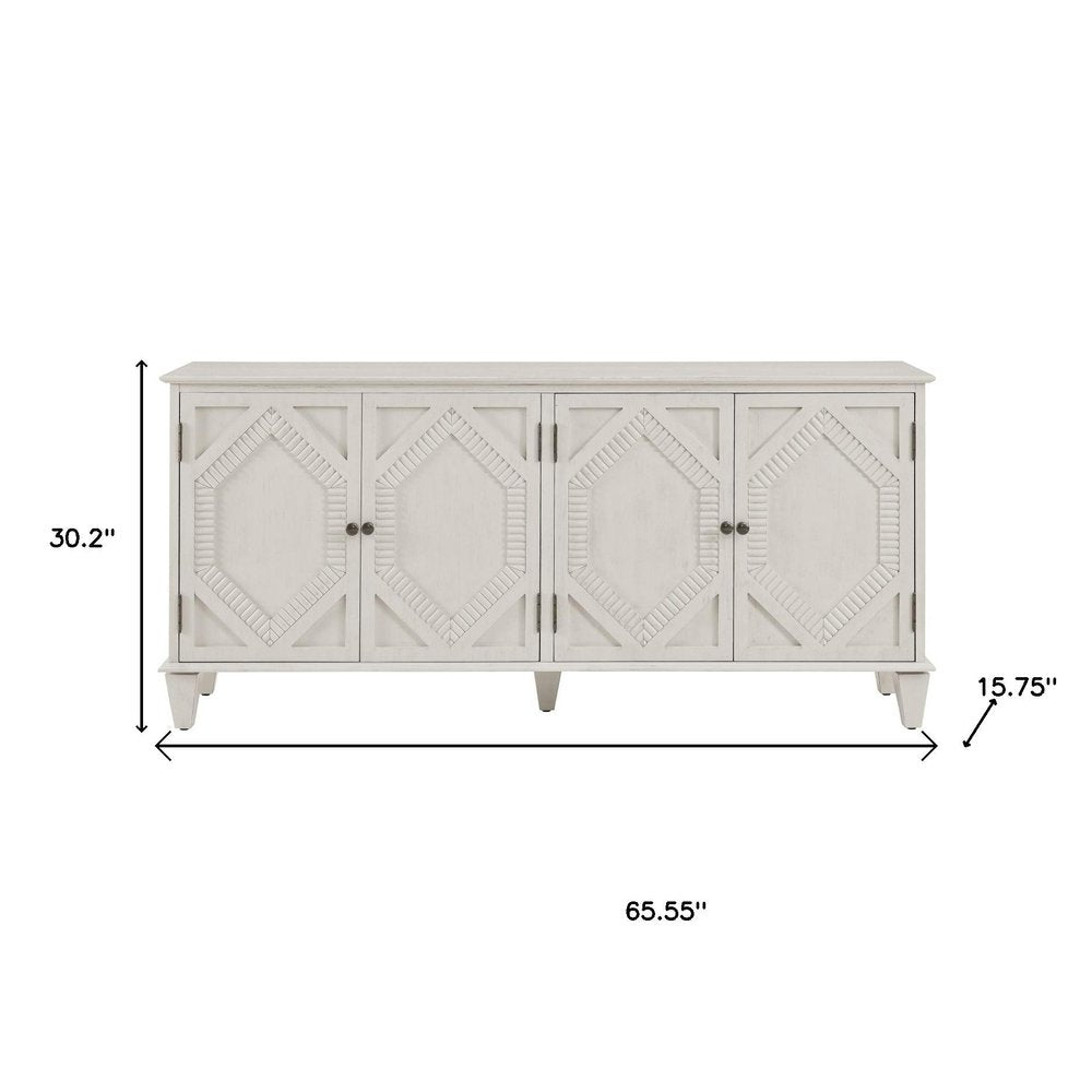66" White Wood Carved Geometric Accent Cabinet With Four Doors