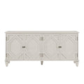 66" White Wood Carved Geometric Accent Cabinet With Four Doors. Cabinet isolated on a plain white background, in a white wood finish.