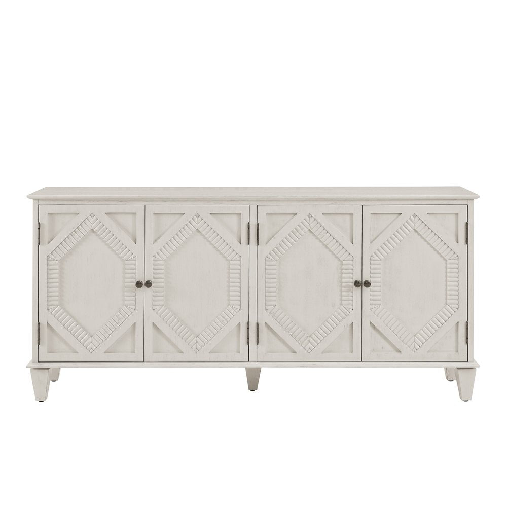 66" White Wood Carved Geometric Accent Cabinet With Four Doors