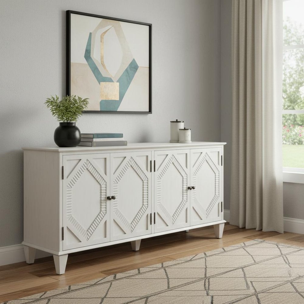 66" White Wood Carved Geometric Accent Cabinet With Four Doors