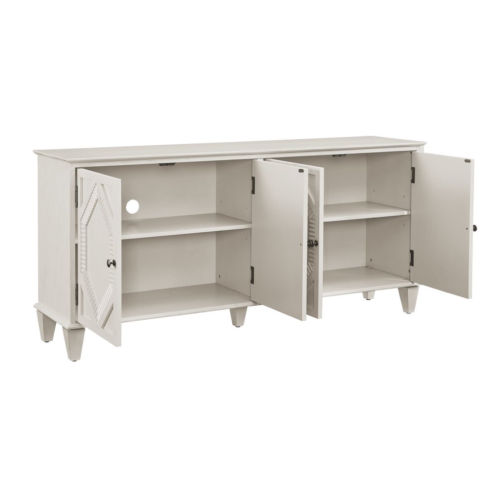 66" White Wood Carved Geometric Accent Cabinet With Four Doors