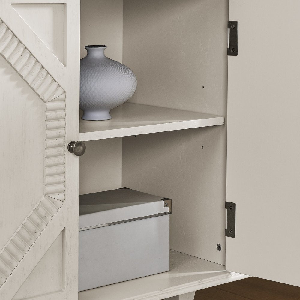 66" White Wood Carved Geometric Accent Cabinet With Four Doors