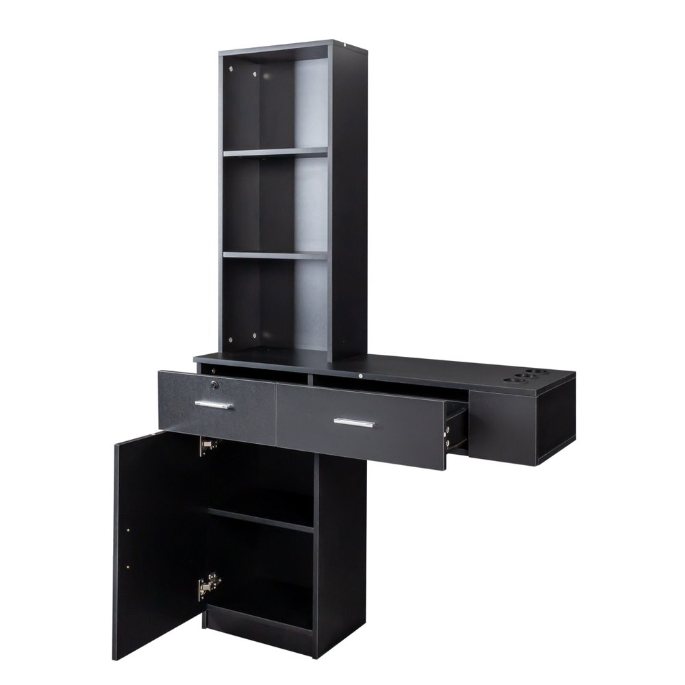 40" Black Wood Mirrored Two Drawer Vanity Table. Vanity table isolated on a plain white background, in a black wood finish.