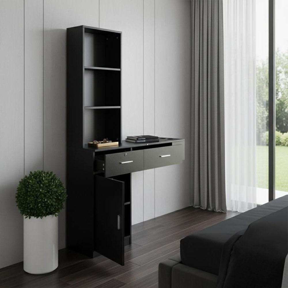 40" Black Wood Mirrored Two Drawer Vanity Table styled in a furnished interior with a light gray wall on a black floor.