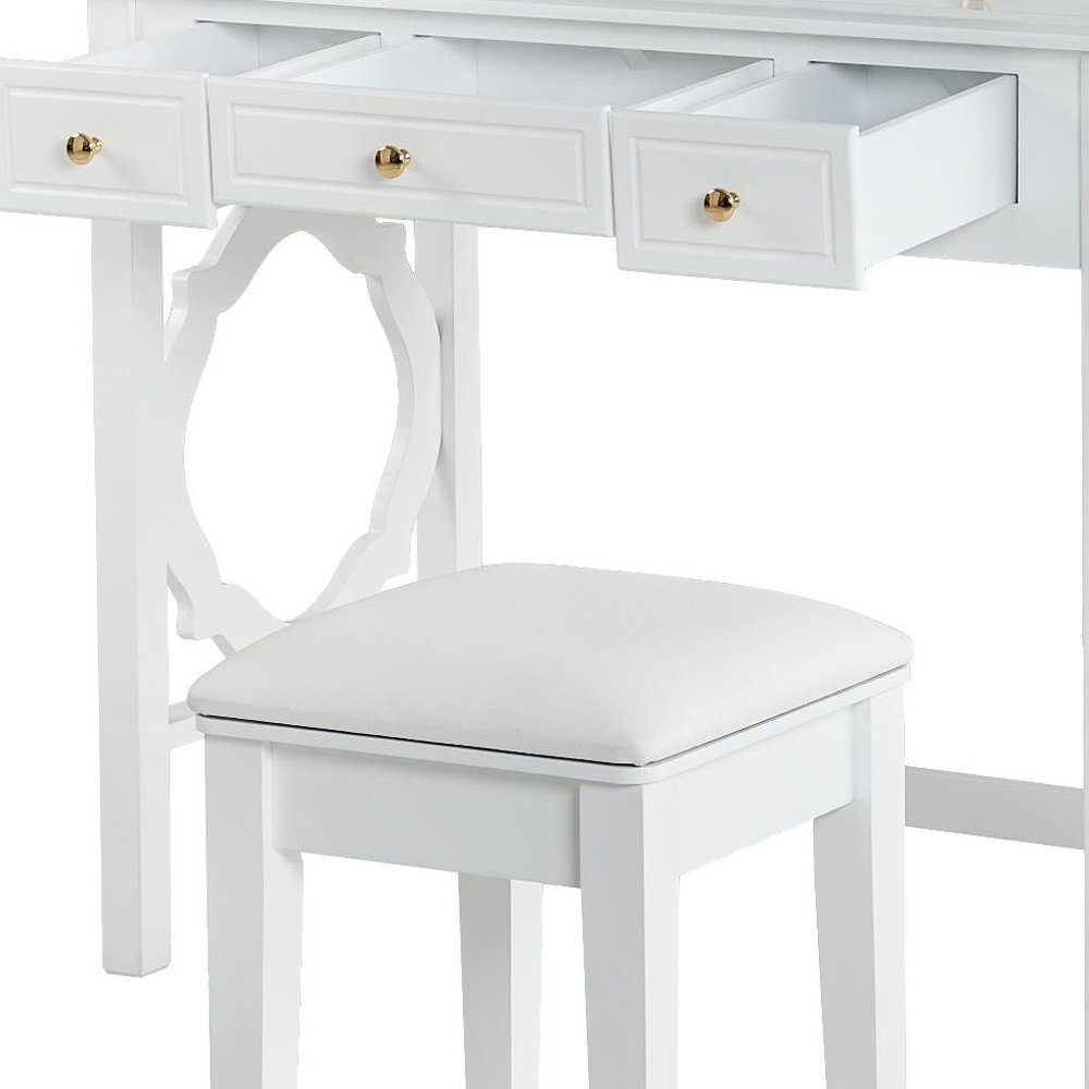 36" White Wood Mirrored Five Drawer Vanity Table. Vanity table isolated on a plain white background, finished in white wood.