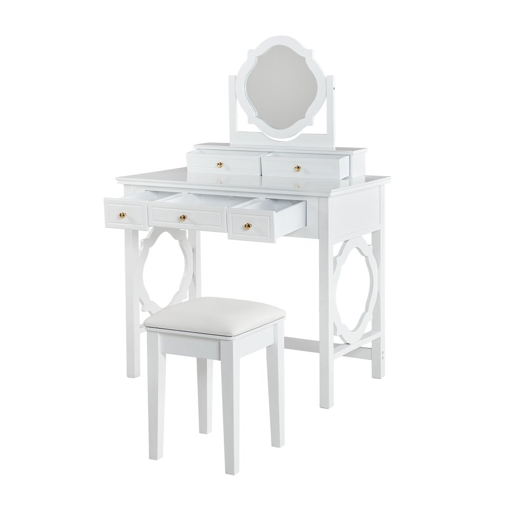 36" White Wood Mirrored Five Drawer Vanity Table