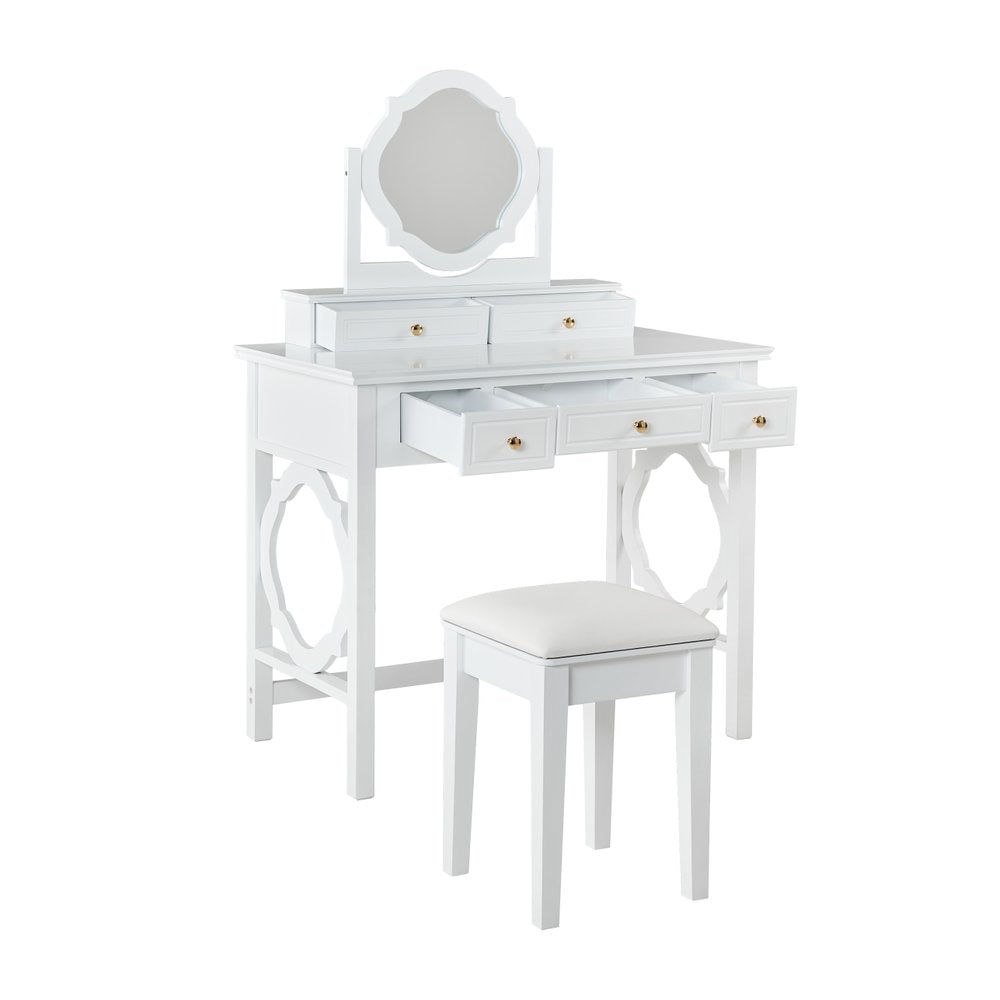 36" White Wood Mirrored Five Drawer Vanity Table. Vanity table isolated on a plain white background, showing a white wood surface.