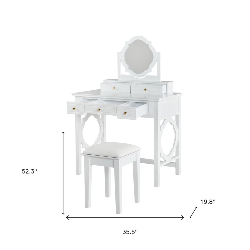 36" White Wood Mirrored Five Drawer Vanity Table. Vanity table isolated on a plain white background, finished in white wood.