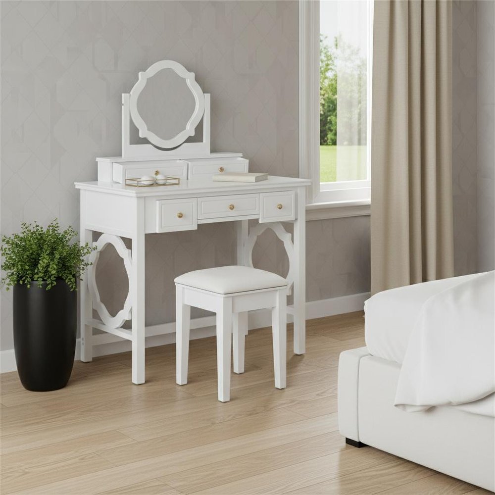 36" White Wood Mirrored Five Drawer Vanity Table.