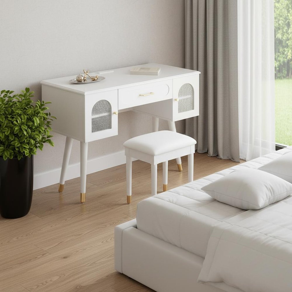 40" White Wood Vanity Table styled in a furnished interior with a light gray wall on a wood floor.