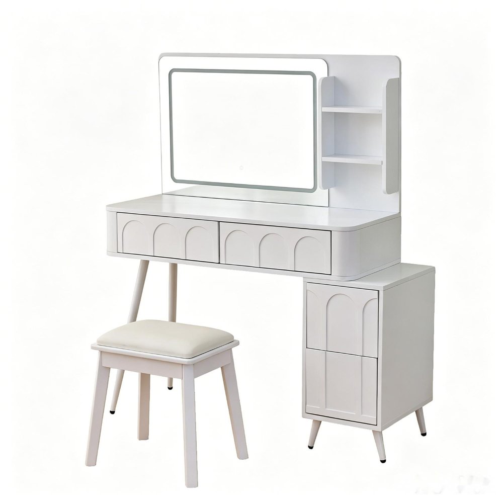40" White Wood Mirrored Four Drawer Vanity Table And Lights