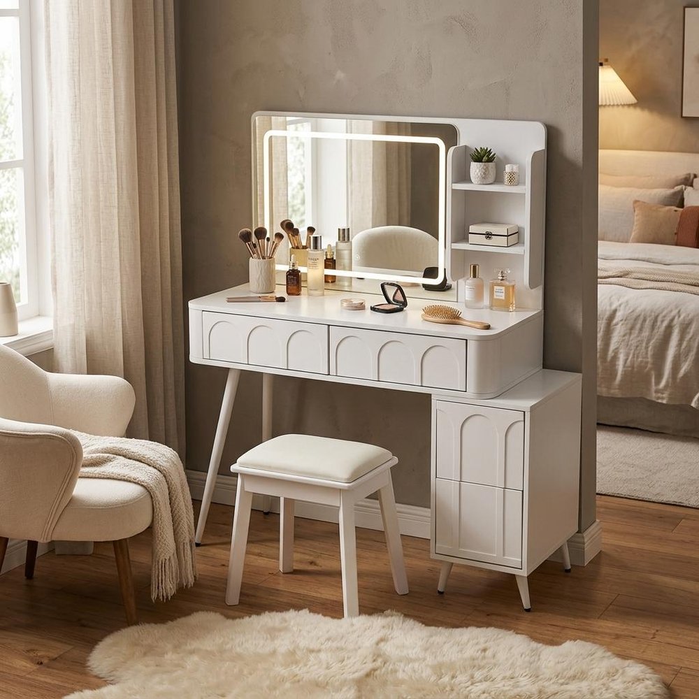 40" White Wood Mirrored Four Drawer Vanity Table And Lights