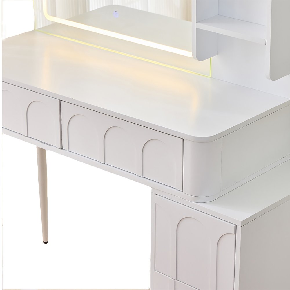 White wood vanity table with four drawers and integrated LED lighting, shown against a white background.