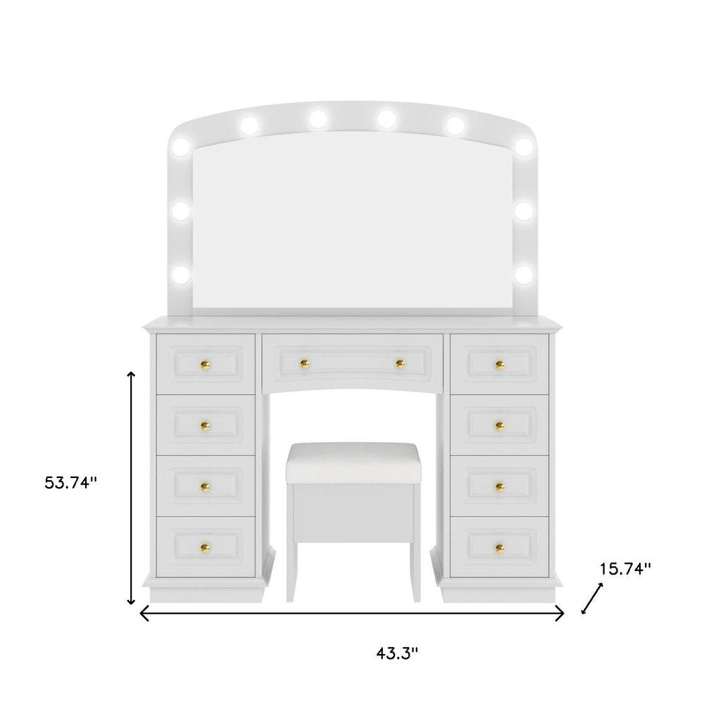 43" White Wood Mirrored Nine Drawer Vanity Table And Lights