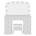 43" White Wood Mirrored Nine Drawer Vanity Table And Lights. Vanity table isolated on a plain white background, finished in white wood.