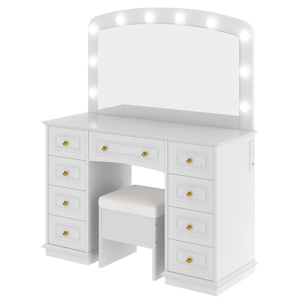 43" White Wood Mirrored Nine Drawer Vanity Table And Lights
