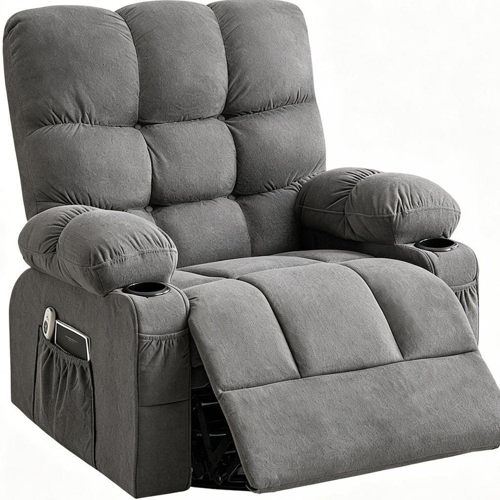 39" Gray Tufted Chenille Heated Massage Manual Rocker And Swivel Recliner With USB. Recliner isolated on a plain white background, finished in gray.