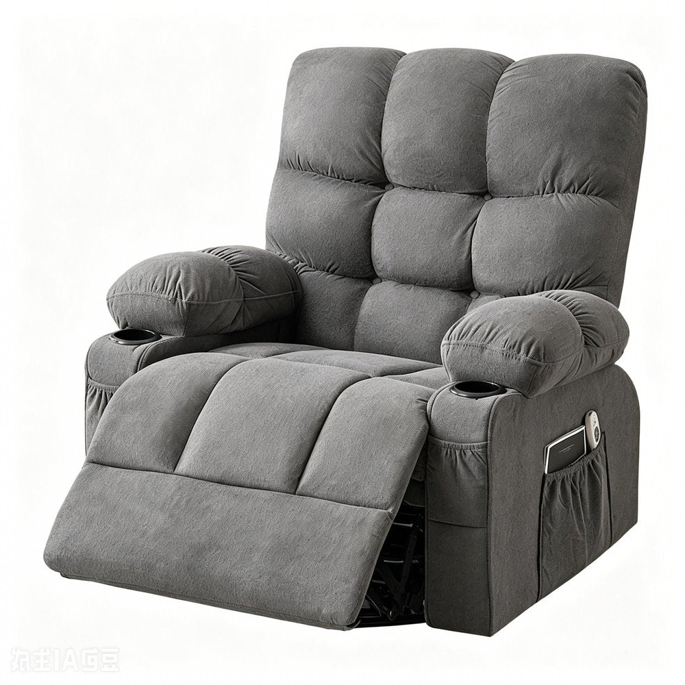 39" Gray Tufted Chenille Heated Massage Manual Rocker And Swivel Recliner With USB